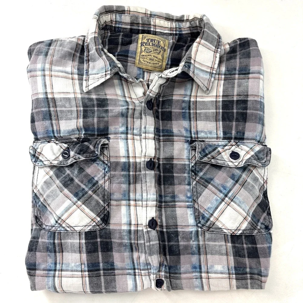 True Religion‎ Flannel Shirt Mens XL Multi Plaid Western Cotton Button